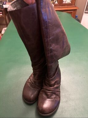 Miz Mooz Dark Brown Leather Knee-High Heeled Boots zipper up back of calf